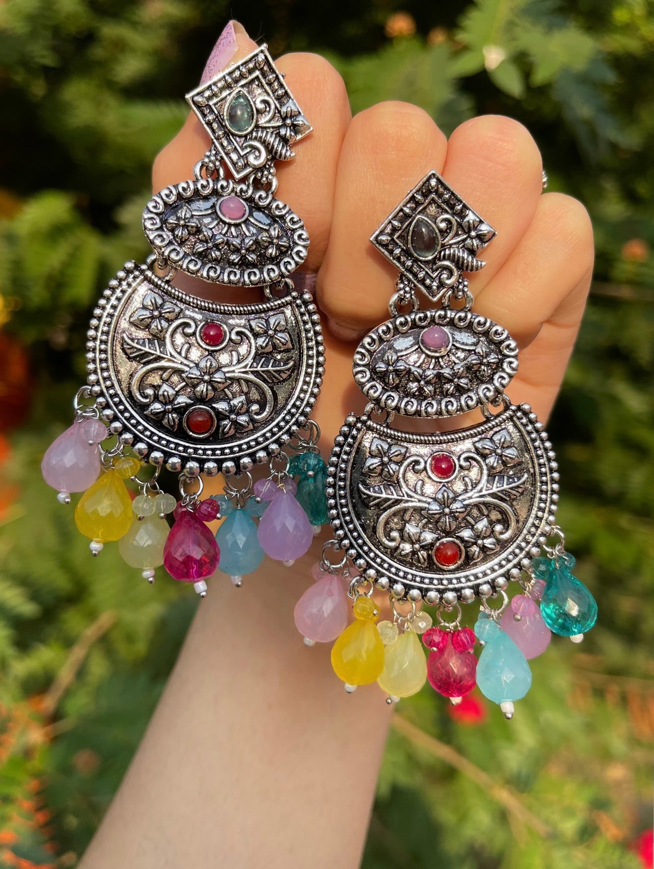 Oxidized Silver Multi-Colored Earrings