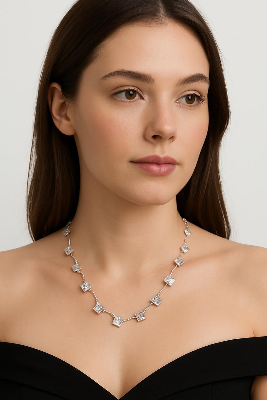 Modern Silver Wave Chain with Dangling Crystal Charms