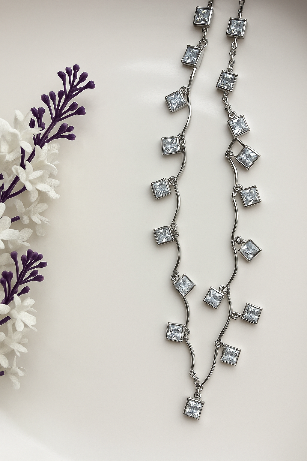 Modern Silver Wave Chain with Dangling Crystal Charms