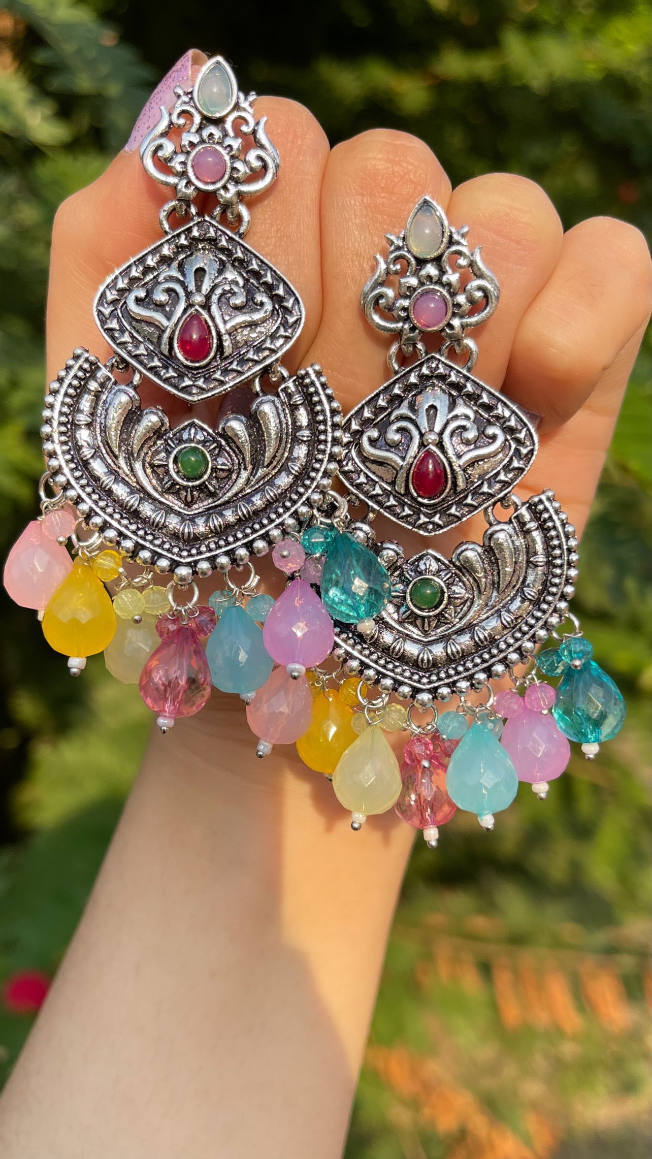 Oxidized Silver Multi-Colored Earrings