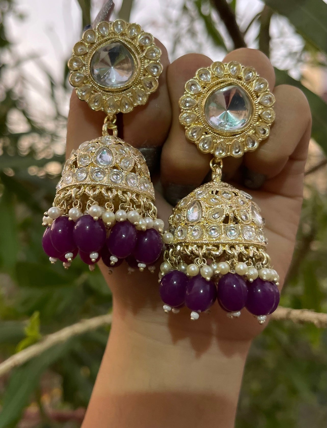 Aarohi Kundan Purple Beaded Jhumki Earrings