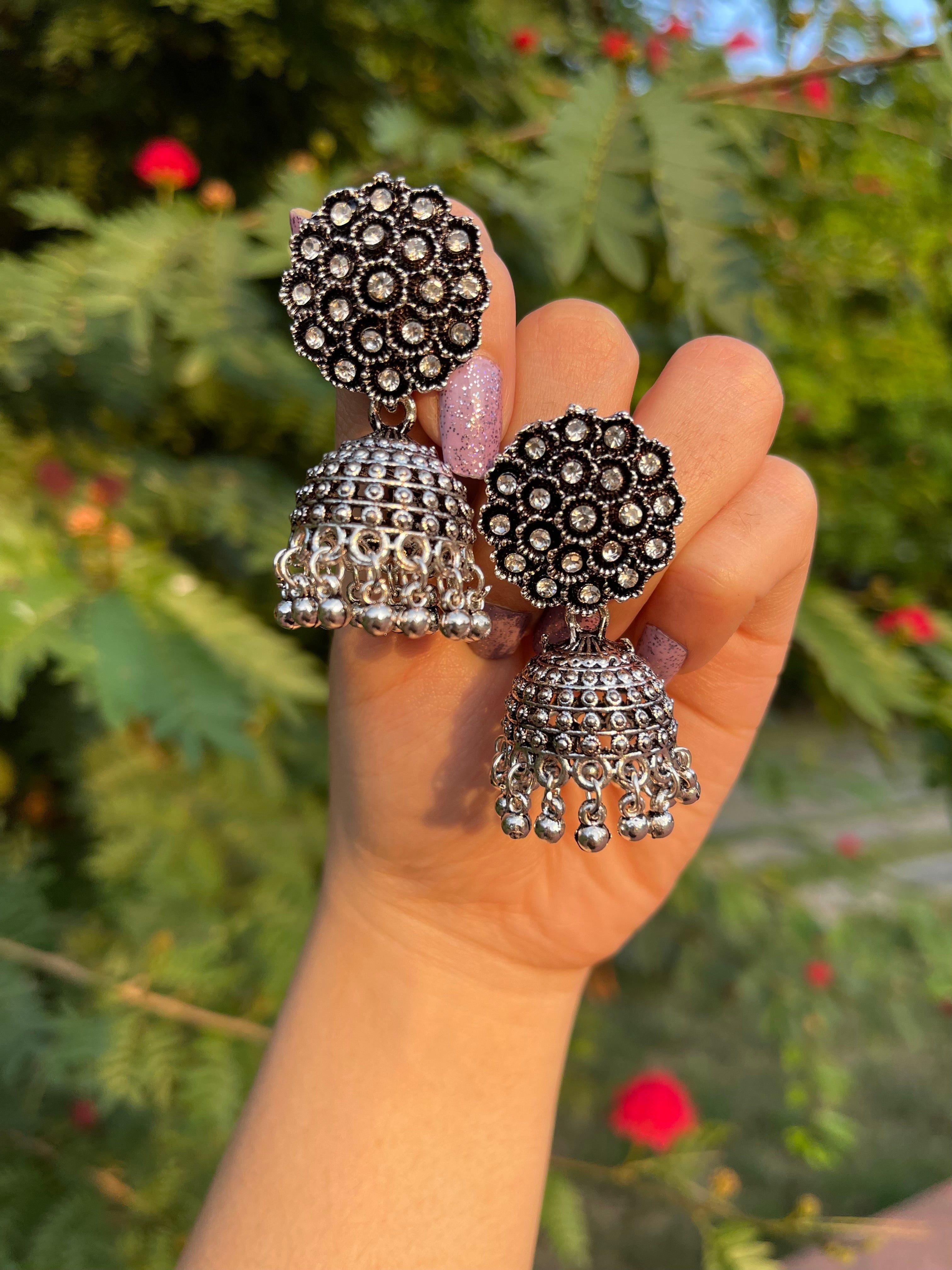 Floral oxidised silver jhumki