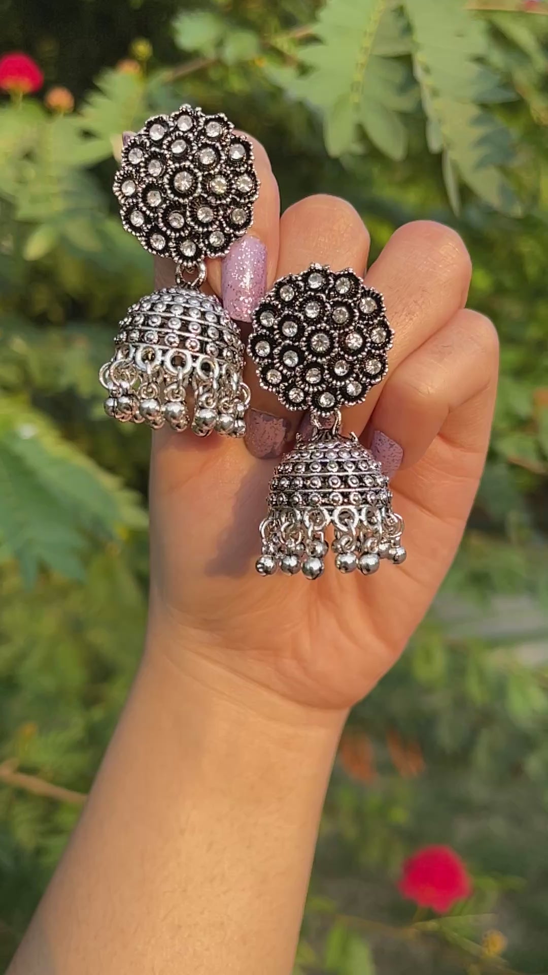 Floral oxidised silver jhumki